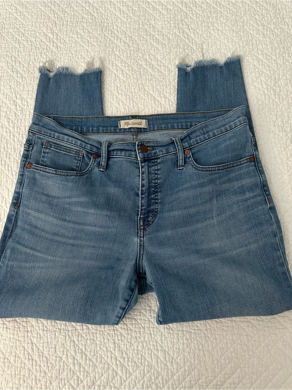 Madewell 9” High Rise Skinny Crop Distressed Raw Hem Blue Denim Jeans Size 32P